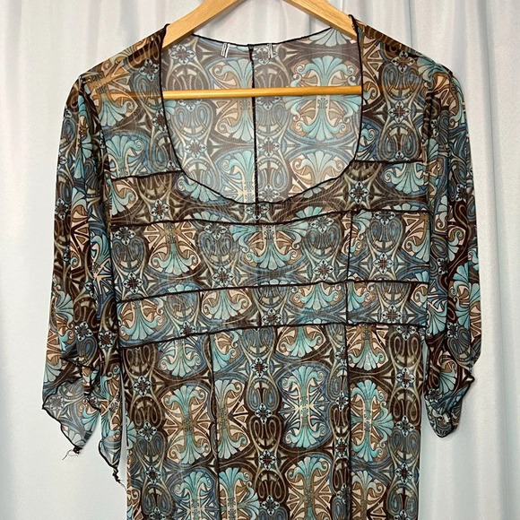 Brown, Tan & Blue Geometric Pattern Sheer Square Neck Dress or Cover-Up - Picture 8 of 10